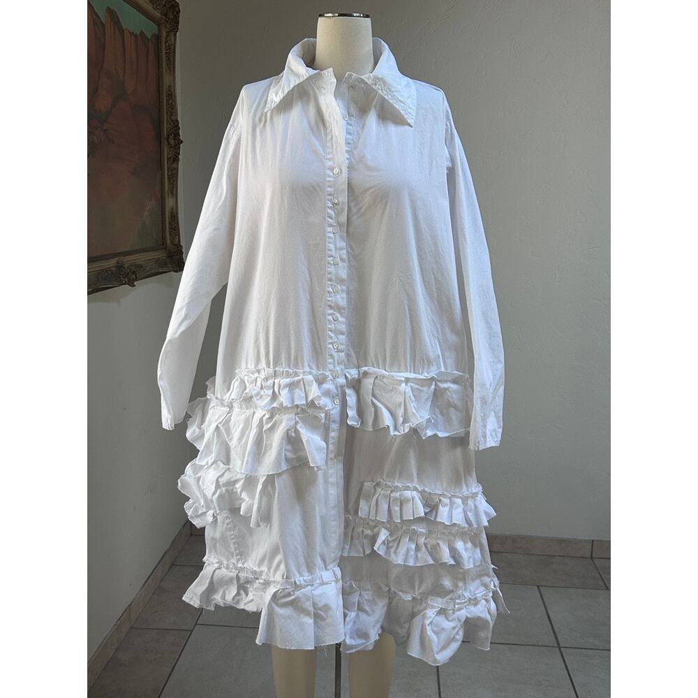Krista Larson Ruffle Shirt Dress White Cotton Lagenlook Romantic OS USA